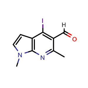 Chemical structure of 4-iodo-1,6-dimethyl-1H-pyrrolo[2,3-b]pyridine-5-carbaldehyde , CAS 1537883-70-7, AChemBlock P47923