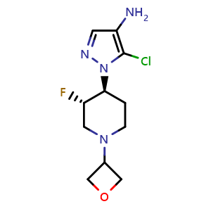 Chemical structure of 5-chloro-1-[trans-3-fluoro-1-(oxetan-3-yl)piperidin-4-yl]-1H-pyrazol-4-amine , CAS 1536201-15-6, AChemBlock P47928