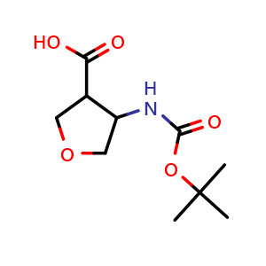 Chemical structure of 4-{[(tert-butoxy)carbonyl]amino}oxolane-3-carboxylic acid , CAS 1521431-12-8, AChemBlock P47940