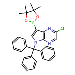 Chemical structure of 2-chloro-7-(tetramethyl-1,3,2-dioxaborolan-2-yl)-5-(triphenylmethyl)-5H-pyrrolo[2,3-b]pyrazine , CAS 1509941-38-1, AChemBlock P47969