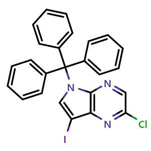 Chemical structure of 2-chloro-7-iodo-5-(triphenylmethyl)-5H-pyrrolo[2,3-b]pyrazine , CAS 1509941-37-0, AChemBlock P47970