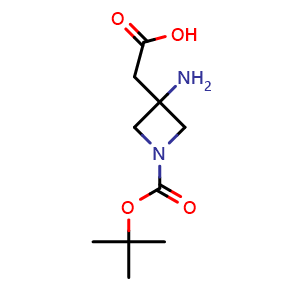 Chemical structure of 2-{3-amino-1-[(tert-butoxy)carbonyl]azetidin-3-yl}acetic acid , CAS 1508644-03-8, AChemBlock P47974
