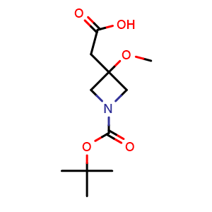 Chemical structure of 2-{1-[(tert-butoxy)carbonyl]-3-methoxyazetidin-3-yl}acetic acid , CAS 1445951-15-4, AChemBlock P48122