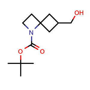 Chemical structure of tert-butyl 6-(hydroxymethyl)-1-azaspiro[3.3]heptane-1-carboxylate , CAS 1434142-15-0, AChemBlock P48169