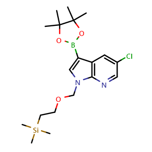 Chemical structure of 5-chloro-3-(tetramethyl-1,3,2-dioxaborolan-2-yl)-1-{[2-(trimethylsilyl)ethoxy]methyl}-1H-pyrrolo[2,3-b]pyridine , CAS 1429906-48-8, AChemBlock P48220