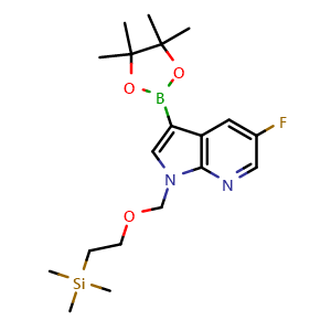 Chemical structure of 5-fluoro-3-(tetramethyl-1,3,2-dioxaborolan-2-yl)-1-{[2-(trimethylsilyl)ethoxy]methyl}-1H-pyrrolo[2,3-b]pyridine , CAS 1429906-45-5, AChemBlock P48221
