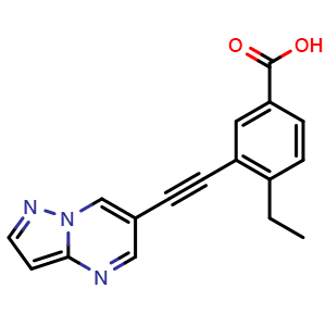 Chemical structure of 4-ethyl-3-(2-{pyrazolo[1,5-a]pyrimidin-6-yl}ethynyl)benzoic acid , CAS 1429618-03-0, AChemBlock P48222