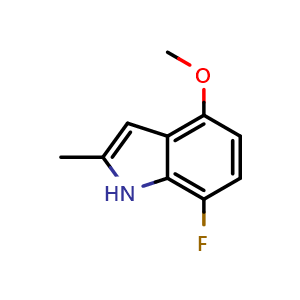 Chemical structure of 7-fluoro-4-methoxy-2-methyl-1H-indole , CAS 1427366-48-0, AChemBlock P48251