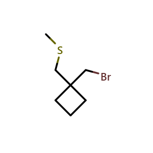 Chemical structure of 1-(bromomethyl)-1-[(methylsulfanyl)methyl]cyclobutane , CAS 1423032-58-9, AChemBlock P48275