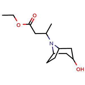 Chemical structure of ethyl 3-{3-hydroxy-8-azabicyclo[3.2.1]octan-8-yl}butanoate , CAS 1423026-36-1, AChemBlock P48288