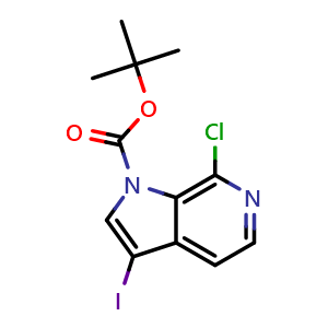 Chemical structure of tert-butyl 7-chloro-3-iodo-1H-pyrrolo[2,3-c]pyridine-1-carboxylate , CAS 1418287-69-0, AChemBlock P48318