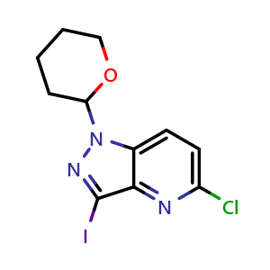 Chemical structure of 5-chloro-3-iodo-1-(oxan-2-yl)-1H-pyrazolo[4,3-b]pyridine , CAS 1416713-15-9, AChemBlock P48330