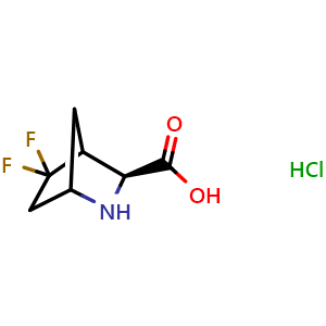 Chemical structure of (3S)-5,5-difluoro-2-azabicyclo[2.2.1]heptane-3-carboxylic acid hydrochloride , CAS 1394052-55-1, AChemBlock P48404