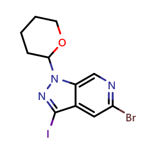 Chemical structure of 5-bromo-3-iodo-1-(oxan-2-yl)-1H-pyrazolo[3,4-c]pyridine , CAS 1369509-72-7, AChemBlock P48574