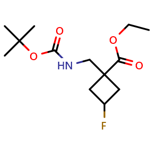 Chemical structure of ethyl 1-[(tert-butoxycarbonylamino)methyl]-3-fluoro-cyclobutanecarboxylate , CAS 1363382-10-8, AChemBlock P48602