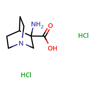 Chemical structure of 3-amino-1-azabicyclo[2.2.2]octane-3-carboxylic acid dihydrochloride , CAS 1354960-23-8, AChemBlock P48634