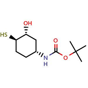 Chemical structure of tert-butyl N-[(1R,3R,4R)-3-hydroxy-4-sulfanylcyclohexyl]carbamate , CAS 1350636-75-7, AChemBlock P48683