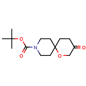 Chemical structure of tert-butyl 3-oxo-1-oxa-9-azaspiro[5.5]undecane-9-carboxylate , CAS 1346229-46-6, AChemBlock P48698