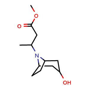 Chemical structure of methyl 3-{3-hydroxy-8-azabicyclo[3.2.1]octan-8-yl}butanoate , CAS 1342122-46-6, AChemBlock P48722