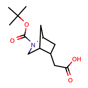 Chemical structure of 2-{2-[(tert-butoxy)carbonyl]-2-azabicyclo[2.2.1]heptan-5-yl}acetic acid , CAS 1341035-53-7, AChemBlock P48732