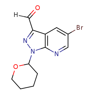Chemical structure of 5-bromo-1-(oxan-2-yl)-1H-pyrazolo[3,4-b]pyridine-3-carbaldehyde , CAS 1314734-59-2, AChemBlock P48841