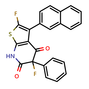 Chemical structure of 2,5-difluoro-3-(naphthalen-2-yl)-5-phenyl-4H,5H,6H,7H-thieno[2,3-b]pyridine-4,6-dione , CAS 1313504-21-0, AChemBlock P48845