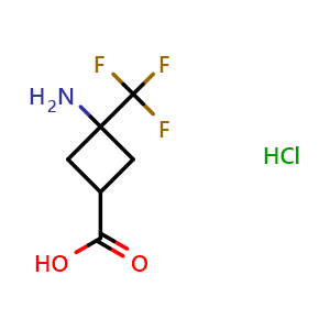 Chemical structure of 3-amino-3-(trifluoromethyl)cyclobutane-1-carboxylic acid hydrochloride , CAS 1311315-34-0, AChemBlock P48860