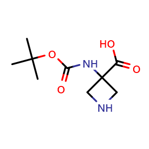 Chemical structure of 3-{[(tert-butoxy)carbonyl]amino}azetidine-3-carboxylic acid , CAS 1262409-31-3, AChemBlock P48984