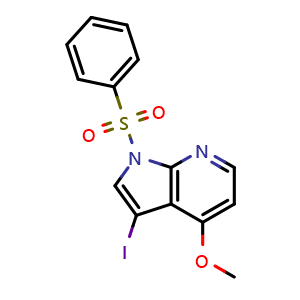 Chemical structure of 1-(benzenesulfonyl)-3-iodo-4-methoxy-1H-pyrrolo[2,3-b]pyridine , CAS 1262295-00-0, AChemBlock P48989