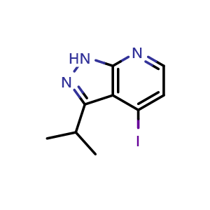 Chemical structure of 4-iodo-3-(propan-2-yl)-1H-pyrazolo[3,4-b]pyridine , CAS 1260539-00-1, AChemBlock P49017