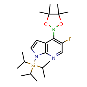 Chemical structure of 5-fluoro-4-(4,4,5,5-tetramethyl-1,3,2-dioxaborolan-2-yl)-1-(triisopropylsilyl)-1H-pyrrolo[2,3-b]pyridine , CAS 1241950-72-0, AChemBlock P49204