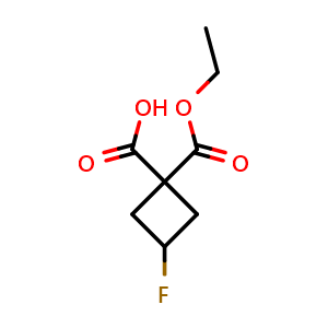 Chemical structure of 1-(ethoxycarbonyl)-3-fluorocyclobutane-1-carboxylic acid , CAS 1232365-46-6, AChemBlock P49251