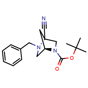 Chemical structure of tert-butyl (1R)-5-benzyl-4-cyano-2,5-diazabicyclo[2.2.1]heptane-2-carboxylate , CAS 1214628-63-3, AChemBlock P49324