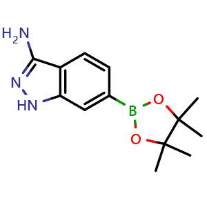 Chemical structure of 6-(tetramethyl-1,3,2-dioxaborolan-2-yl)-1H-indazol-3-amine , CAS 1187968-75-7, AChemBlock P49625