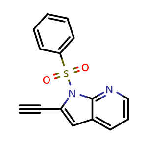 Chemical structure of 1-(benzenesulfonyl)-2-ethynyl-1H-pyrrolo[2,3-b]pyridine , CAS 1186502-44-2, AChemBlock P49632