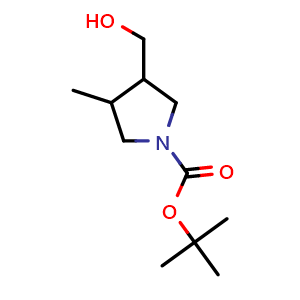 Chemical structure of tert-butyl 3-(hydroxymethyl)-4-methyl-pyrrolidine-1-carboxylate , CAS 1184985-22-5, AChemBlock P49636