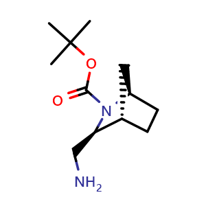 Chemical structure of tert-butyl (1R,3S,4S)-3-(aminomethyl)-2-azabicyclo[2.2.1]heptane-2-carboxylate , CAS 1181573-42-1, AChemBlock P49644