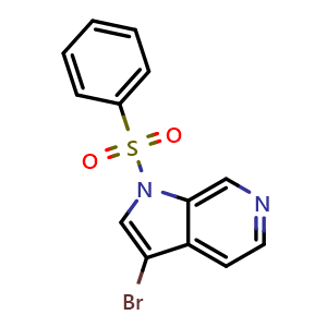 Chemical structure of 1-(benzenesulfonyl)-3-bromo-1H-pyrrolo[2,3-c]pyridine , CAS 1174038-64-2, AChemBlock P49659