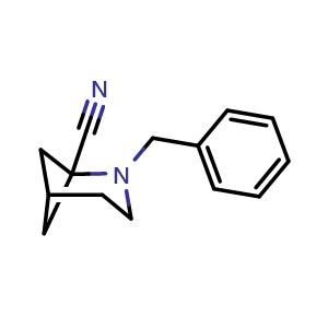 Chemical structure of 2-(phenylmethyl)-2-azabicyclo[3.1.1]heptane-1-carbonitrile , CAS 1169708-27-3, AChemBlock P49680