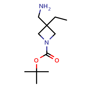 Chemical structure of tert-butyl 3-(aminomethyl)-3-ethylazetidine-1-carboxylate , CAS 1158758-87-2, AChemBlock P49713