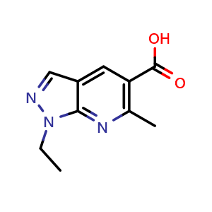 Chemical structure of 1-ethyl-6-methyl-1H-pyrazolo[3,4-b]pyridine-5-carboxylic acid , CAS 1094442-46-2, AChemBlock P49818