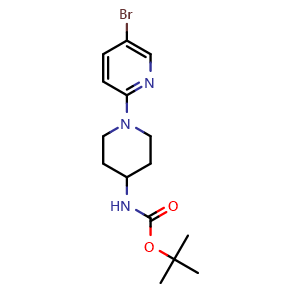 Chemical structure of tert-butyl N-[1-(5-bromo-2-pyridyl)-4-piperidyl]carbamate , CAS 1042917-47-4, AChemBlock P49915