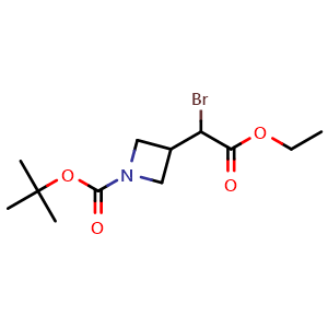 Chemical structure of tert-butyl 3-(1-bromo-2-ethoxy-2-oxoethyl)azetidine-1-carboxylate , CAS 2227206-31-5, AChemBlock P50049