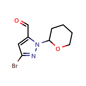 Chemical structure of 3-bromo-1-(oxan-2-yl)-1H-pyrazole-5-carbaldehyde , CAS 2227206-50-8, AChemBlock P50063