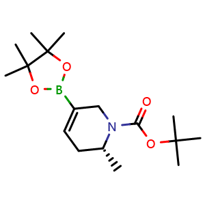 Chemical structure of tert-butyl (2R)-2-methyl-5-(4,4,5,5-tetramethyl-1,3,2-dioxaborolan-2-yl)-3,6-dihydro-2H-pyridine-1-carboxylate , CAS 2304631-54-5, AChemBlock P50089