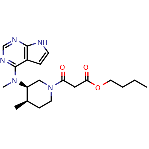 Chemical structure of butyl 3-[(3R,4R)-4-methyl-3-[methyl({7H-pyrrolo[2,3-d]pyrimidin-4-yl})amino]piperidin-1-yl]-3-oxopropanoate , CAS 2227199-31-5, AChemBlock P50090