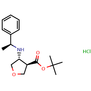 Chemical structure of tert-butyl trans-4-[[(1S)-1-phenylethyl]amino]tetrahydrofuran-3-carboxylate hydrochloride , CAS 1422196-72-2, AChemBlock P50103