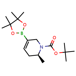 Chemical structure of tert-butyl (2S)-2-methyl-5-(4,4,5,5-tetramethyl-1,3,2-dioxaborolan-2-yl)-3,6-dihydro-2H-pyridine-1-carboxylate , CAS 2304631-63-6, AChemBlock P50115