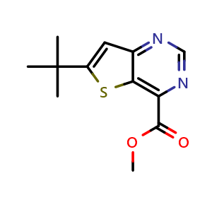 Chemical structure of methyl 6-tert-butylthieno[3,2-d]pyrimidine-4-carboxylate , CAS 2231673-05-3, AChemBlock P50130