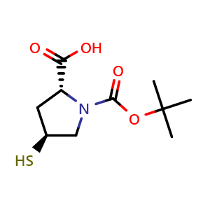 Chemical structure of (2R,4S)-1-tert-butoxycarbonyl-4-sulfanyl-pyrrolidine-2-carboxylic acid , CAS 2231664-43-8, AChemBlock P50142
